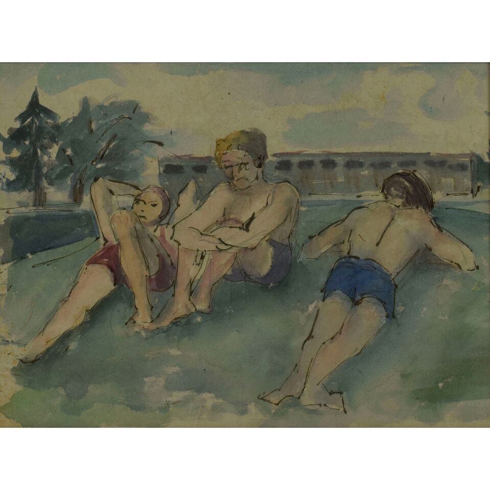 Genre Scene with Two People Lying, 1950s, Watercolor, Framed