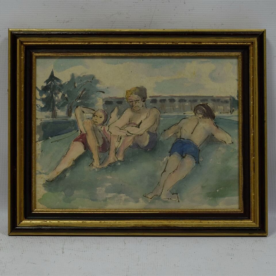 Genre Scene with Two People Lying, 1950s, Watercolor, Framed