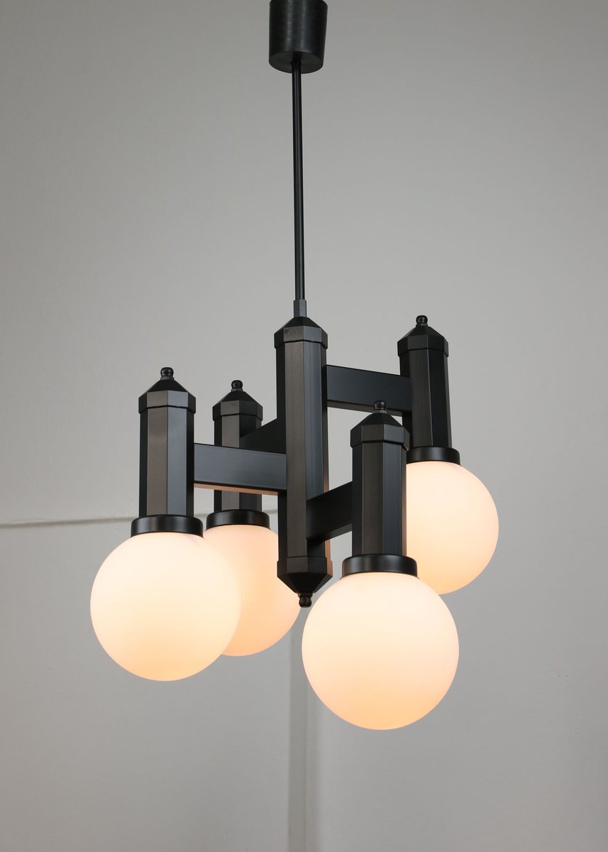 Geometric Black and Opaline Glass Ceiling Lamp