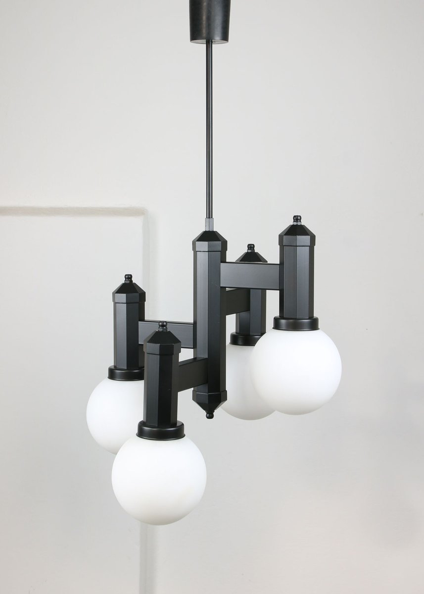 Geometric Black and Opaline Glass Ceiling Lamp