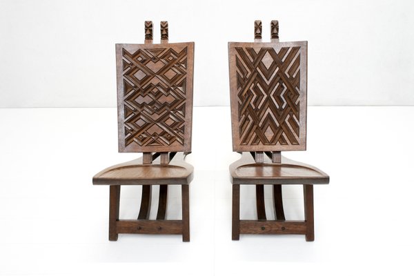 Geometric Carved Low Slung Tribal Palaver Chairs, 1960s, Set of 2-SES-1330694