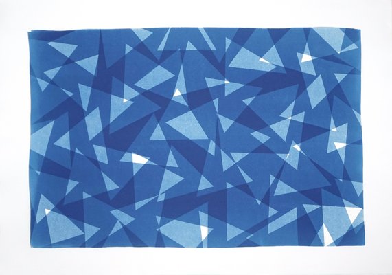 Geometric Triangles Pattern Print, Cutout Layer Paper Cyanotype In Blue Tones, 2021-RWC-851329