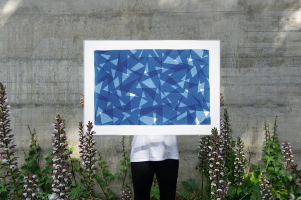 Geometric Triangles Pattern Print, Cutout Layer Paper Cyanotype In Blue Tones, 2021-RWC-851329