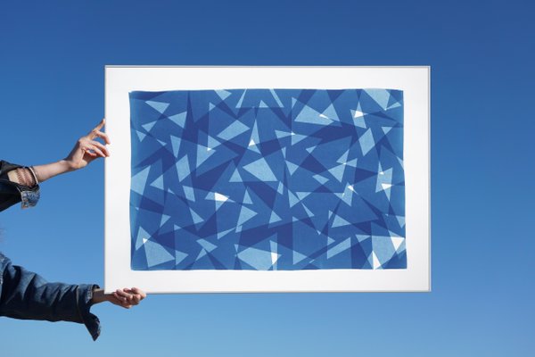 Geometric Triangles Pattern Print, Cutout Layer Paper Cyanotype In Blue Tones, 2021-RWC-851329