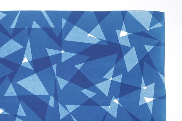 Geometric Triangles Pattern Print, Cutout Layer Paper Cyanotype In Blue Tones, 2021-RWC-851329