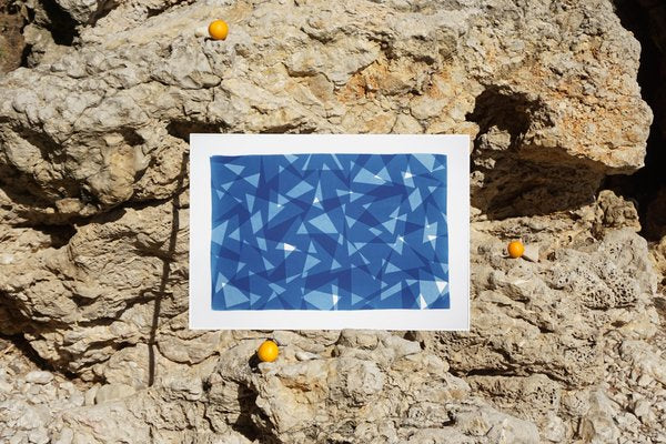 Geometric Triangles Pattern Print, Cutout Layer Paper Cyanotype In Blue Tones, 2021-RWC-851329