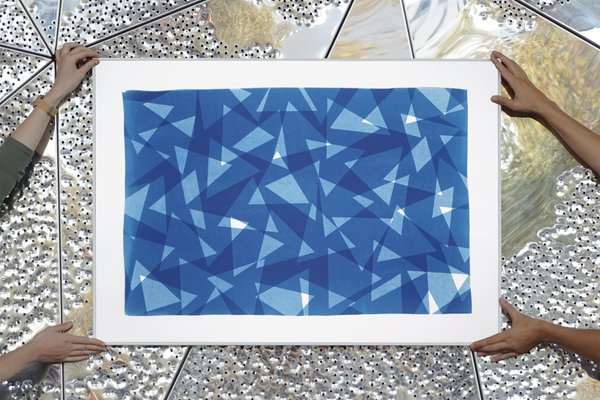 Geometric Triangles Pattern Print, Cutout Layer Paper Cyanotype In Blue Tones, 2021-RWC-851329