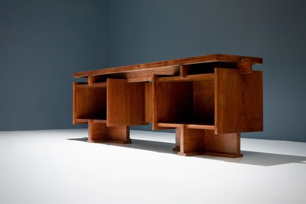 Geometric Walnut and Brass Writing Desk, Italy, 1950s-ITV-1299142