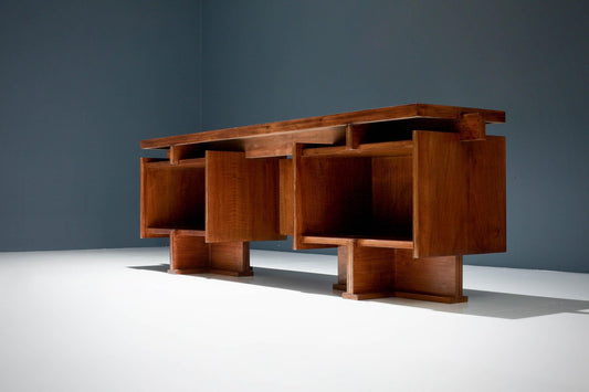 Geometric Walnut and Brass Writing Desk, Italy, 1950s