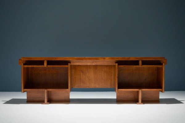 Geometric Walnut and Brass Writing Desk, Italy, 1950s-ITV-1299142