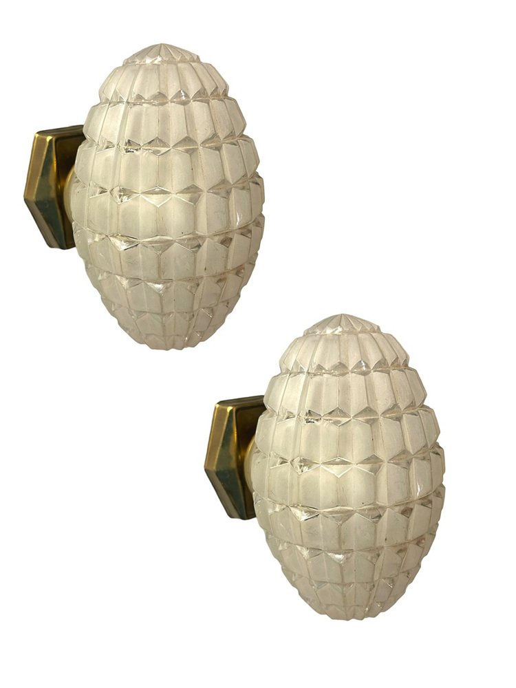 Geometrical Sandblasted Glass Bronze Sconces, 1950s, Set of 2