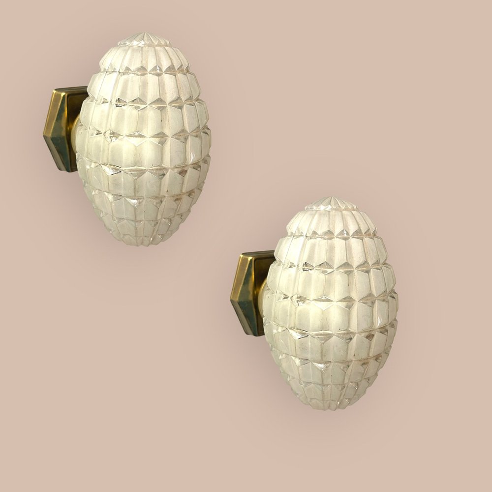 Geometrical Sandblasted Glass Bronze Sconces, 1950s, Set of 2