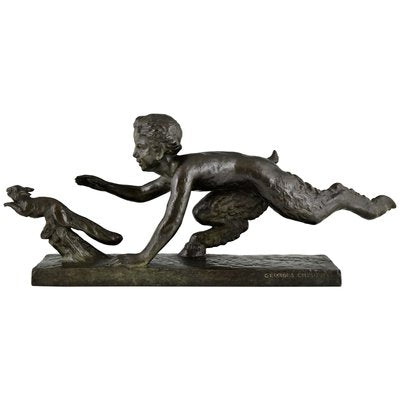 Georges Crouzat, Art Deco Faun and Squirrel, 1934, Bronze-KTN-1422846