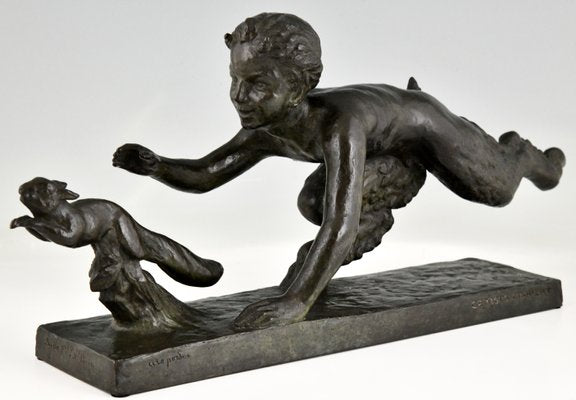 Georges Crouzat, Art Deco Faun and Squirrel, 1934, Bronze-KTN-1422846