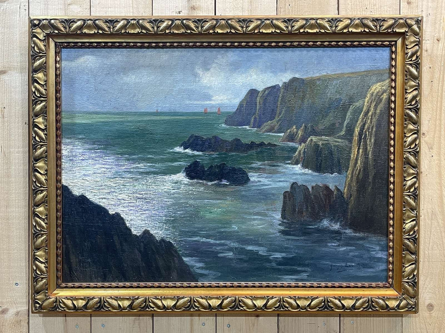 Georges Eveillard, Breton Cliffs, Oil on Canvas, 1920s, Framed