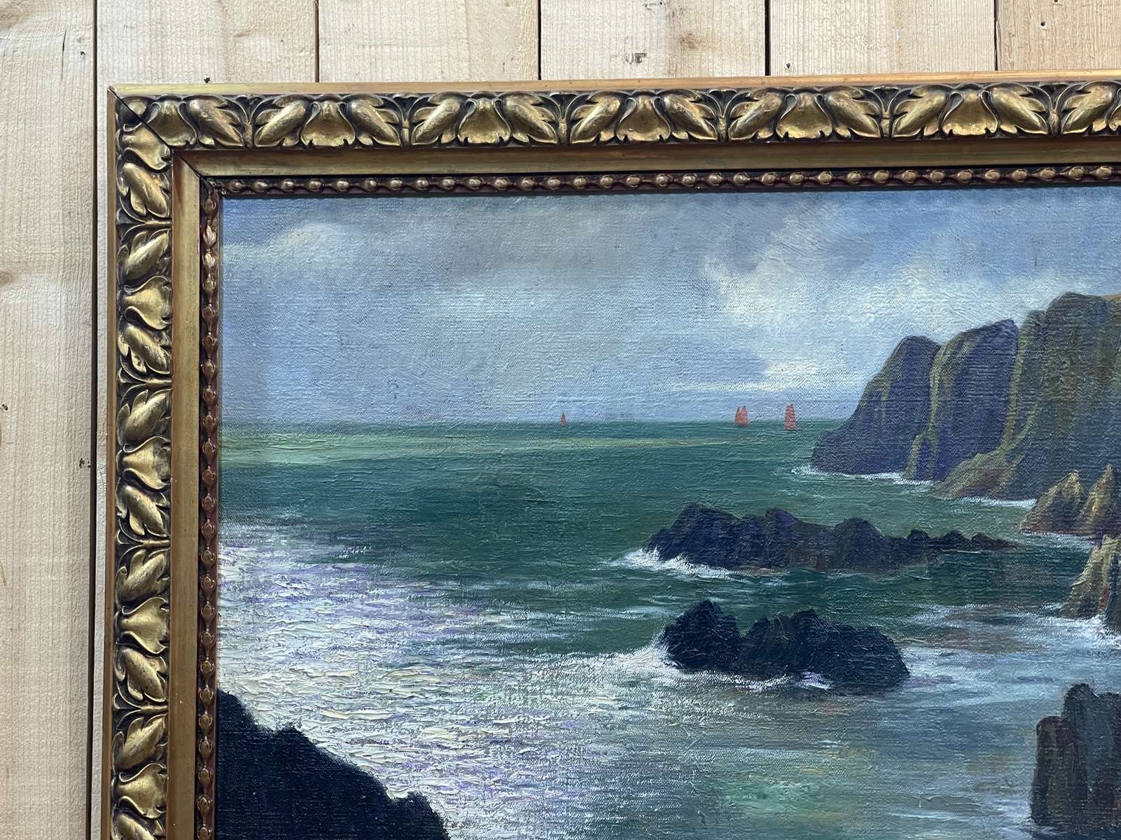 Georges Eveillard, Breton Cliffs, Oil on Canvas, 1920s, Framed