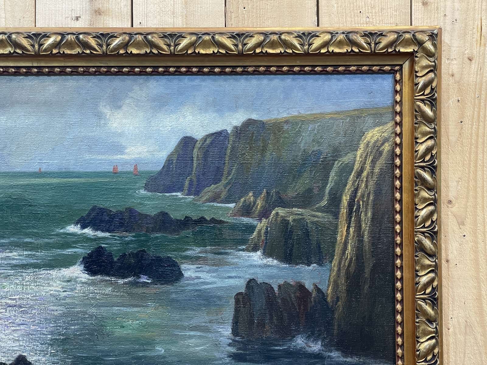 Georges Eveillard, Breton Cliffs, Oil on Canvas, 1920s, Framed