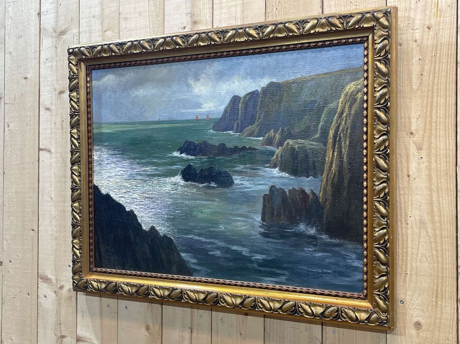 Georges Eveillard, Breton Cliffs, Oil on Canvas, 1920s, Framed