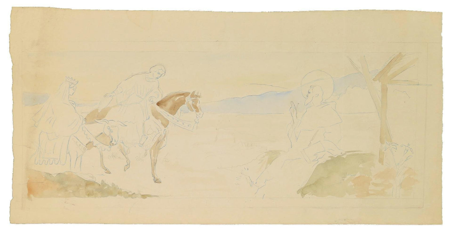 Georges-Henri Tribout, Marie and Joseph on Horseback, Drawing, Early 20th Century