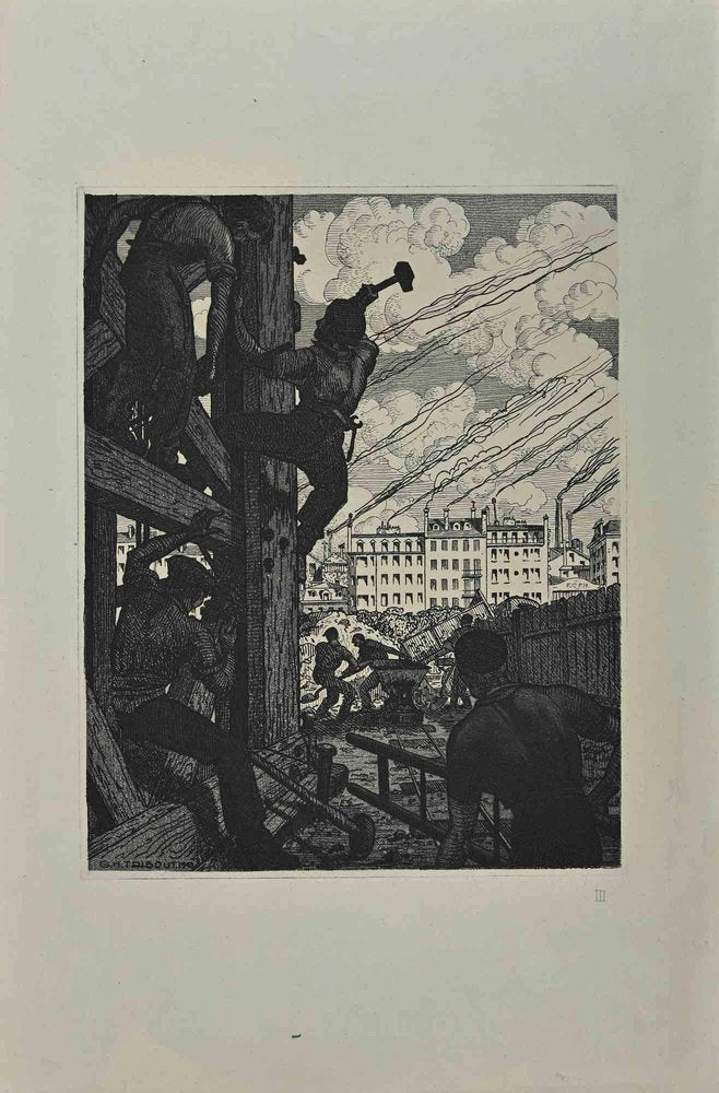 Georges-Henri Tribout, Men at Work, Original Etching, 1940s