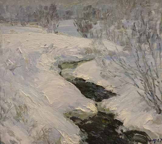 Georgij Moroz, Winter Stream Oil, Oil on Canvas, Framed