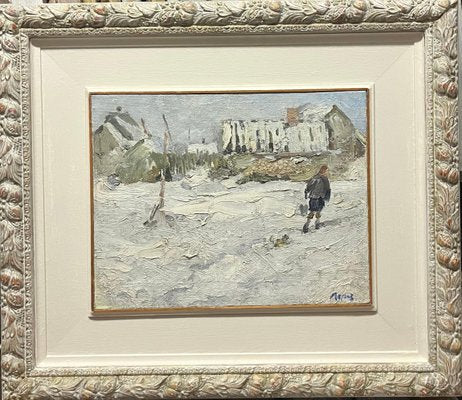 Georgij Moroz, Woman and Dog in the Snow, 1977, Oil Painting, Framed-QUE-1406960