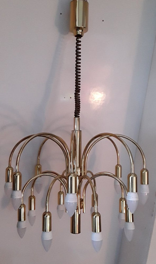 German 16-Light Chandelier in Gold-Colored Metal from TZ Leuchten, 1970s