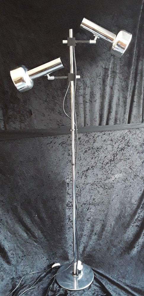 German 2-Light Multi-Adjustable Floor Lamp with Chrome-Plated Metal Frame, Black Plastic Mount and Chrome Reflectors from Staff, 1970s