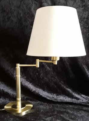 German Adjustable Reading Lamp with Brass Frame, Double Joint & Beige Fabric Shade from Honsel, 1980s-HOI-1299558