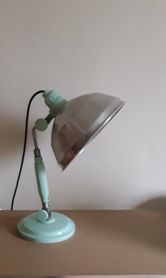 German Art Deco Adjustable Desk Lamp with Mint Green Bakelite Base and Aluminum Shade from Junolux, 1930s