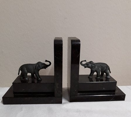 German Art Deco Book Supports in Black and Gray Stone with Green-Patinated Bronze Elephants, 1930s, Set of 2-HOI-1756429