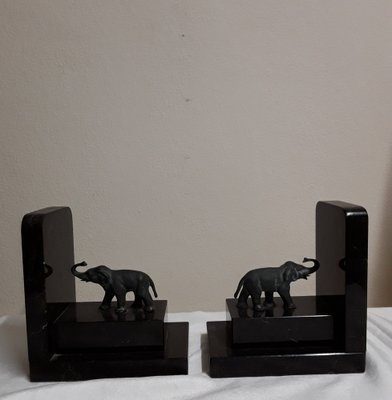 German Art Deco Book Supports in Black and Gray Stone with Green-Patinated Bronze Elephants, 1930s, Set of 2-HOI-1756429