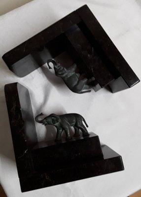 German Art Deco Book Supports in Black and Gray Stone with Green-Patinated Bronze Elephants, 1930s, Set of 2-HOI-1756429