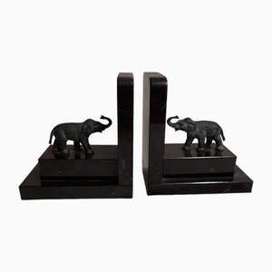 German Art Deco Book Supports in Black and Gray Stone with Green-Patinated Bronze Elephants, 1930s, Set of 2-HOI-1756429