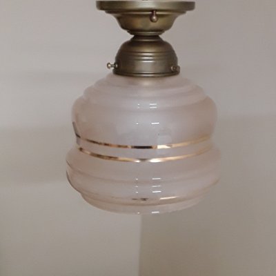 German Art Deco Ceiling Lamp with Brass Mount and Pink Glass Shade, 1930s-HOI-1737423