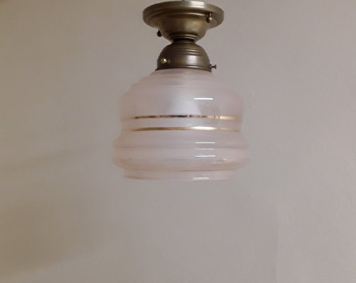 German Art Deco Ceiling Lamp with Brass Mount and Pink Glass Shade, 1930s-HOI-1737423