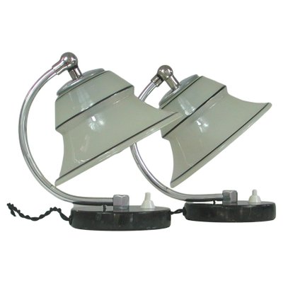 German Art Deco Enameled Satin Glass, Marble and Aluminum Table Lamps, 1930s, Set of 2-OE-1394463