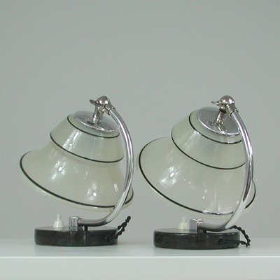 German Art Deco Enameled Satin Glass, Marble and Aluminum Table Lamps, 1930s, Set of 2-OE-1394463