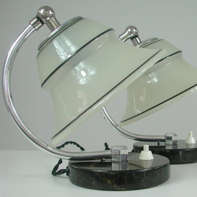 German Art Deco Enameled Satin Glass, Marble and Aluminum Table Lamps, 1930s, Set of 2-OE-1394463