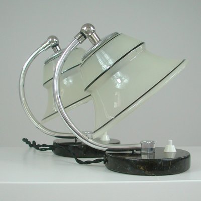 German Art Deco Enameled Satin Glass, Marble and Aluminum Table Lamps, 1930s, Set of 2-OE-1394463