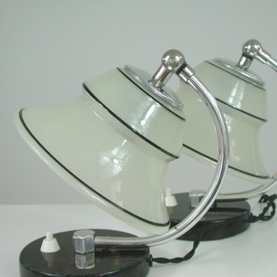 German Art Deco Enameled Satin Glass, Marble and Aluminum Table Lamps, 1930s, Set of 2-OE-1394463