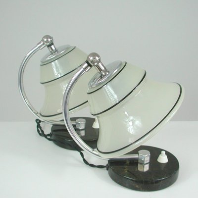 German Art Deco Enameled Satin Glass, Marble and Aluminum Table Lamps, 1930s, Set of 2-OE-1394463