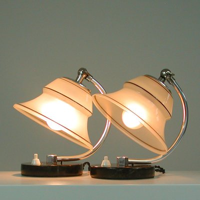 German Art Deco Enameled Satin Glass, Marble and Aluminum Table Lamps, 1930s, Set of 2-OE-1394463