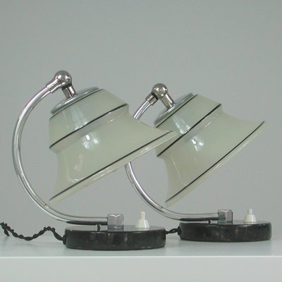 German Art Deco Enameled Satin Glass, Marble and Aluminum Table Lamps, 1930s, Set of 2-OE-1394463