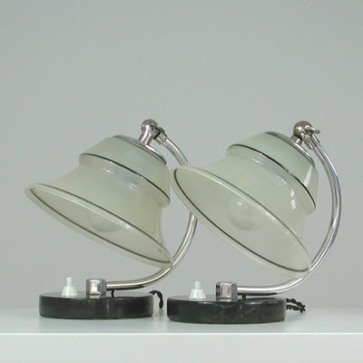 German Art Deco Enameled Satin Glass, Marble and Aluminum Table Lamps, 1930s, Set of 2-OE-1394463