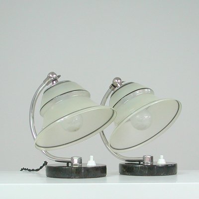 German Art Deco Enameled Satin Glass, Marble and Aluminum Table Lamps, 1930s, Set of 2-OE-1394463