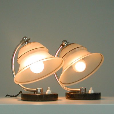 German Art Deco Enameled Satin Glass, Marble and Aluminum Table Lamps, 1930s, Set of 2-OE-1394463