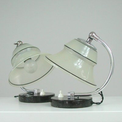 German Art Deco Enameled Satin Glass, Marble and Aluminum Table Lamps, 1930s, Set of 2-OE-1394463