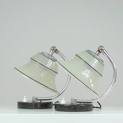 German Art Deco Enameled Satin Glass, Marble and Aluminum Table Lamps, 1930s, Set of 2-OE-1394463