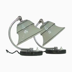 German Art Deco Enameled Satin Glass, Marble and Aluminum Table Lamps, 1930s, Set of 2-OE-1394463